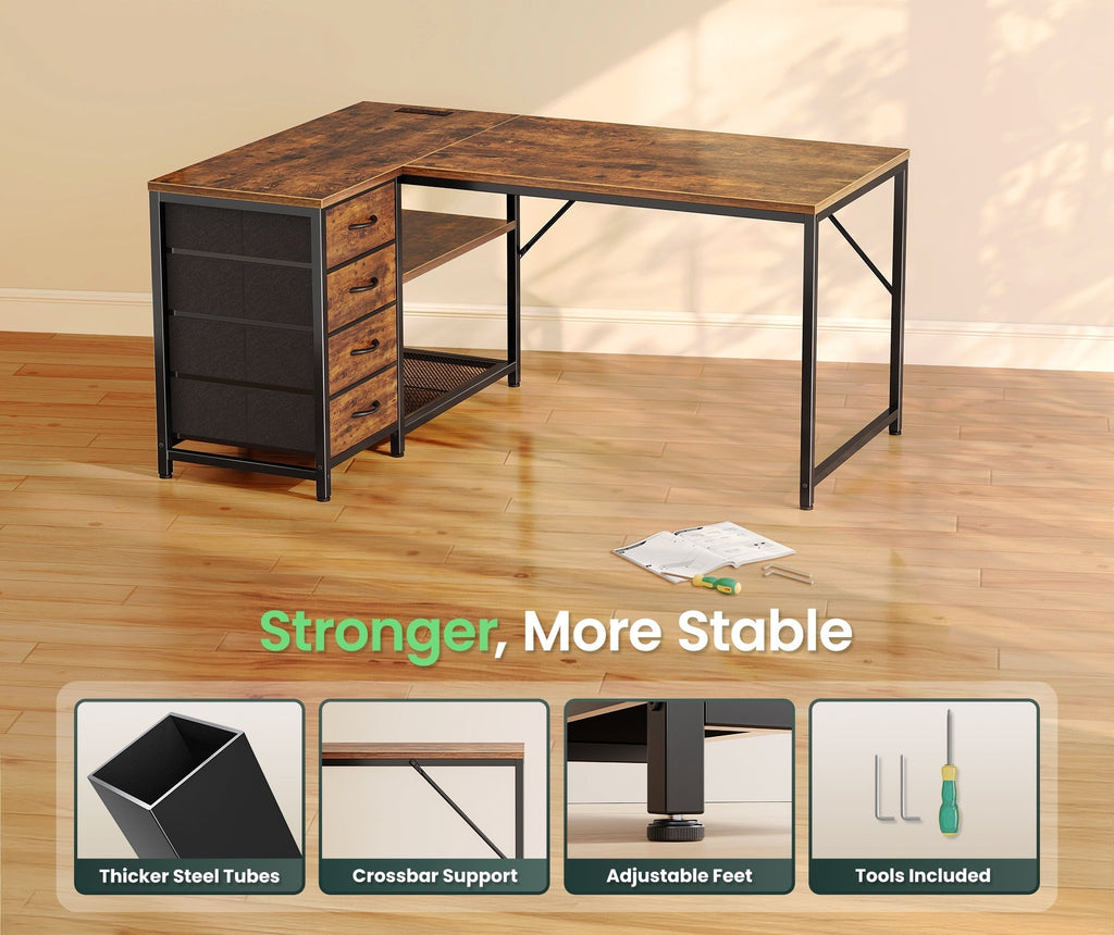 Amadwell 43.3" Small L Shaped Desk, 2 Storage Shelves, Reversible Computer Desk, Power Outlets & 4 Drawers, Home Office Desk for Gaming Writing