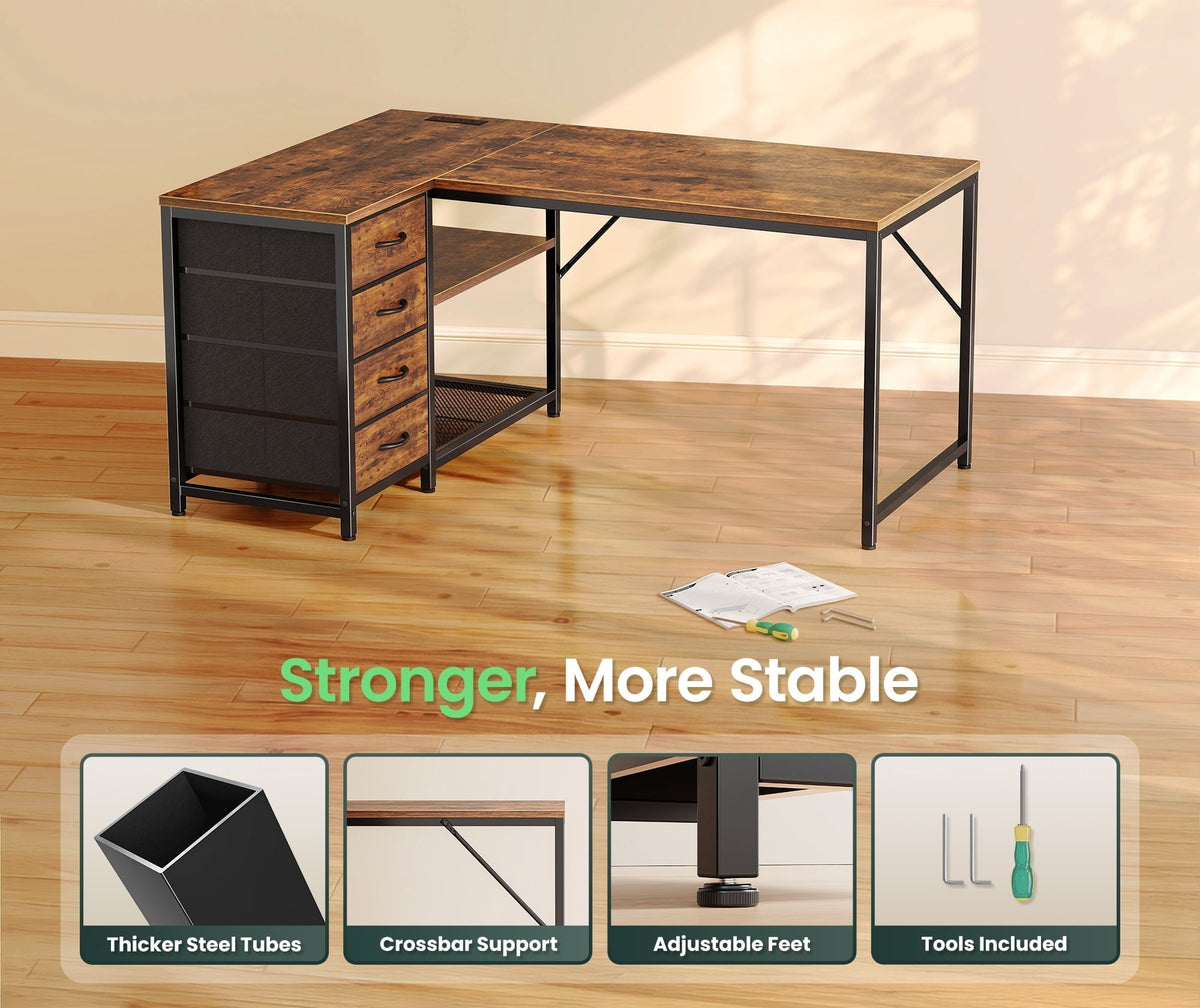 Amadwell 43.3" Small L Shaped Desk, 2 Storage Shelves, Reversible Computer Desk, Power Outlets & 4 Drawers, Home Office Desk for Gaming Writing
