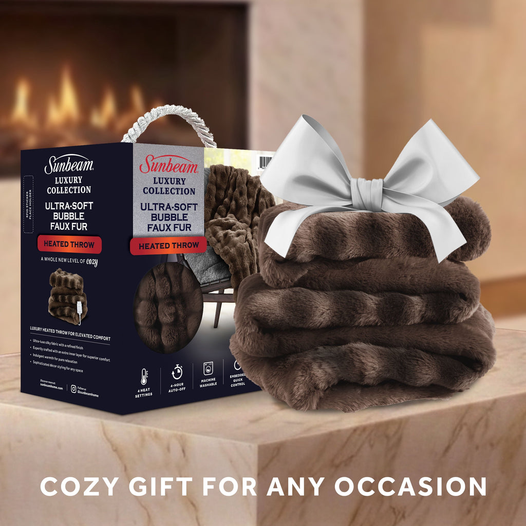 Sunbeam Heated Electric Bubble Faux Fur Throw Blanket, Luxury Collection, Brown, 4 Heat Settings, 50 x 70 in