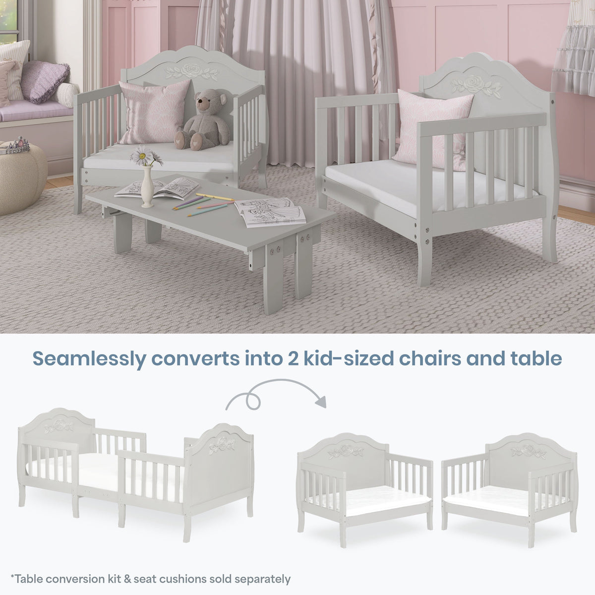 Dream On Me Rose 3-in-1 Convertible Toddler Bed, Greenguard Gold and JPMA Certified, Platinum