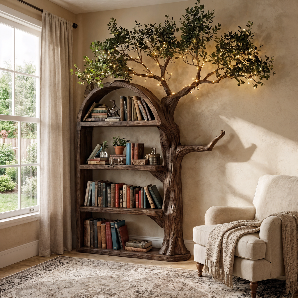 Rustic Tree Branch Wall Bookshelf with Hidden Brackets