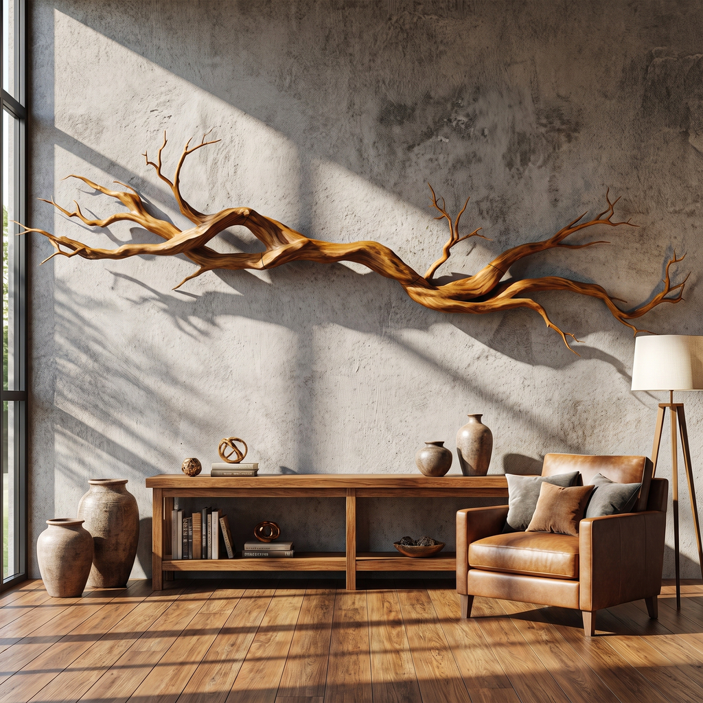Natural Tree Root Solid Wood Wall Sculpture with Vine Form