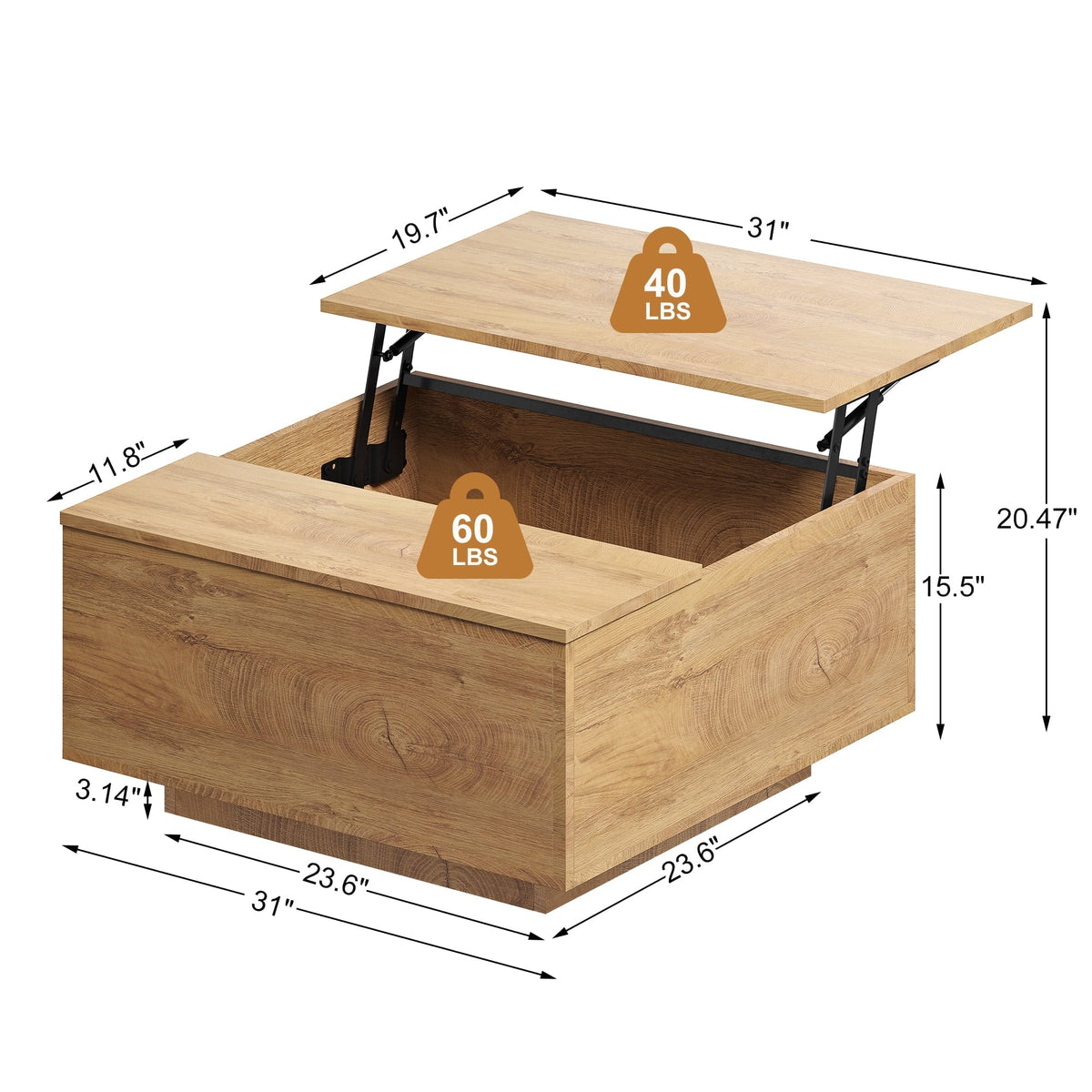 GUNAITO Lift Top Coffee Table with Storage, Square Coffee Table and Modern Farmhouse Center Table for Living Room, Natural wood color