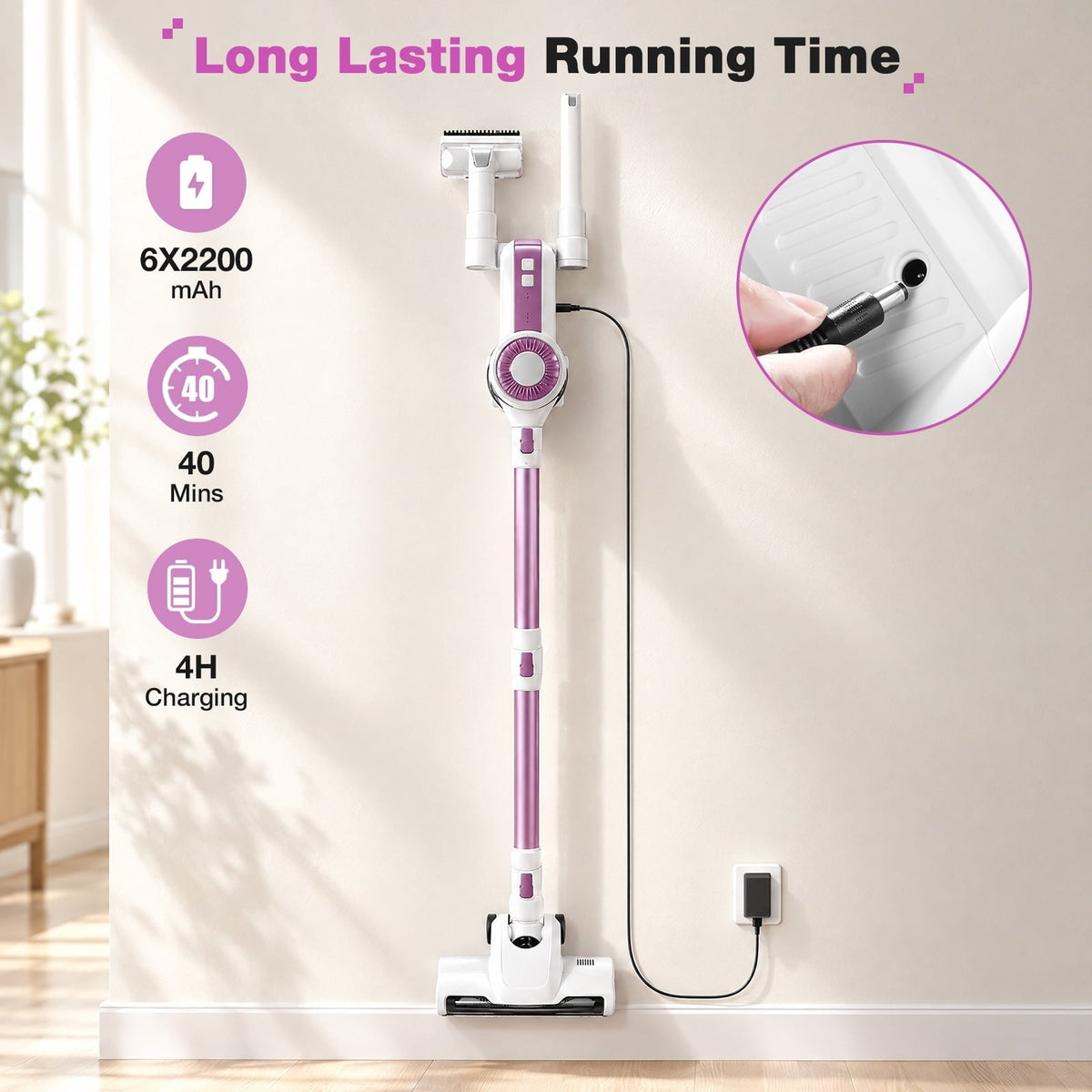 MOOSOO Stick Vacuum Cleaner, 6-in-1 Lightweight Cordless Vacuum for Hard Floor Carpet Pet Hair, L12 Pink