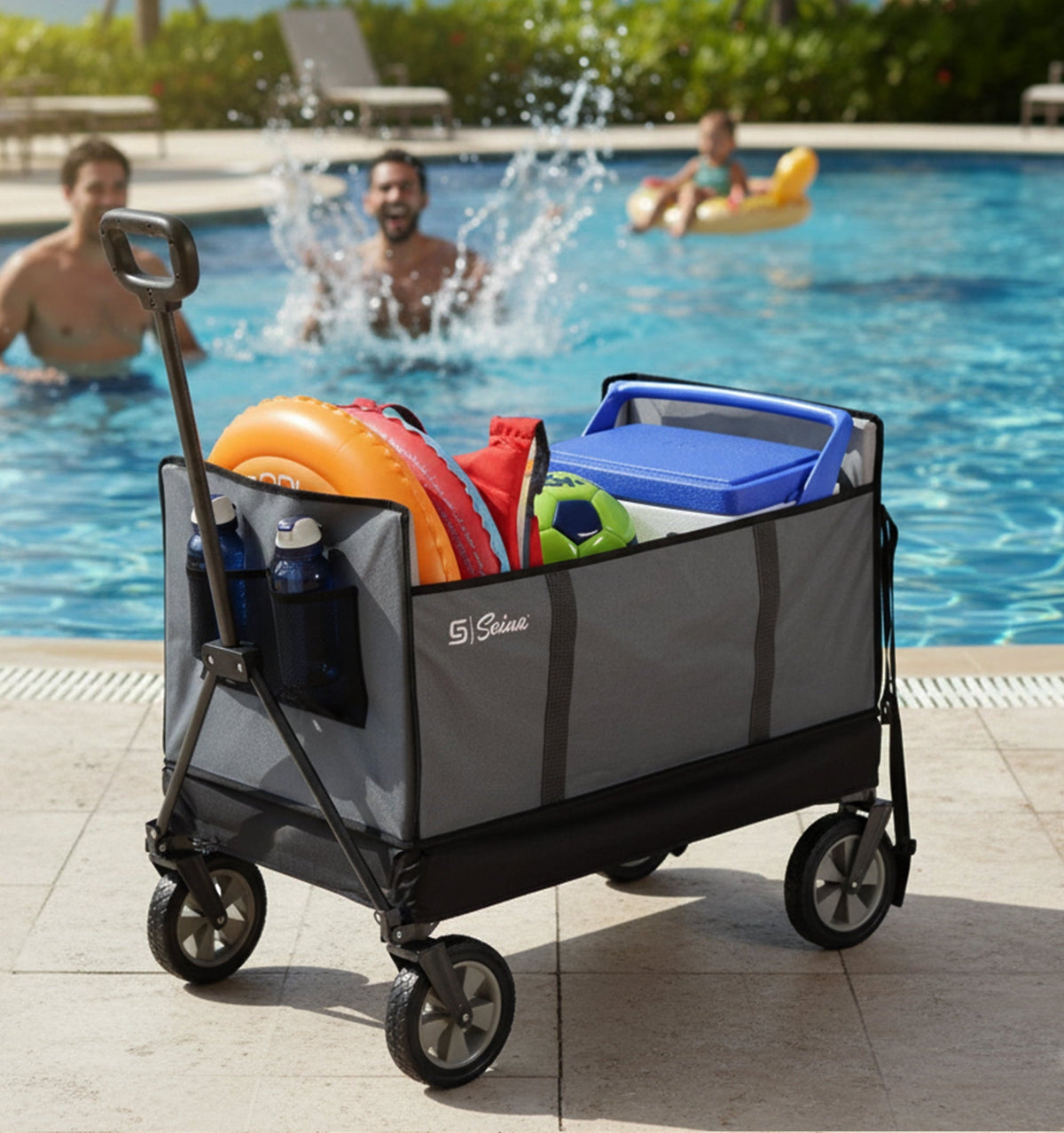 Seina Omni Multi-Purpose Assembled in Outdoor Wagon in Gray, High Strength Polyester Fabric. Easy Access Side Door. Compact Folding Design
