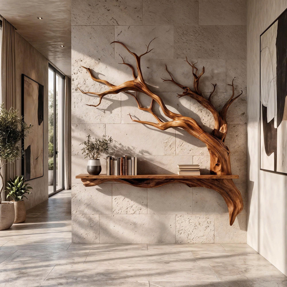 Rustic Solid Wood Slab Wall Shelf with Tree Branch Accent