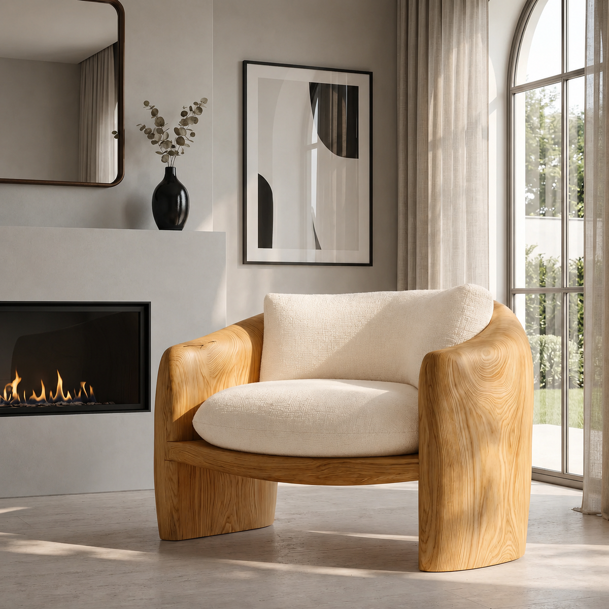Modern Organic Wood Lounge Chair with Sculpted Frame and Cushions in Oak finish