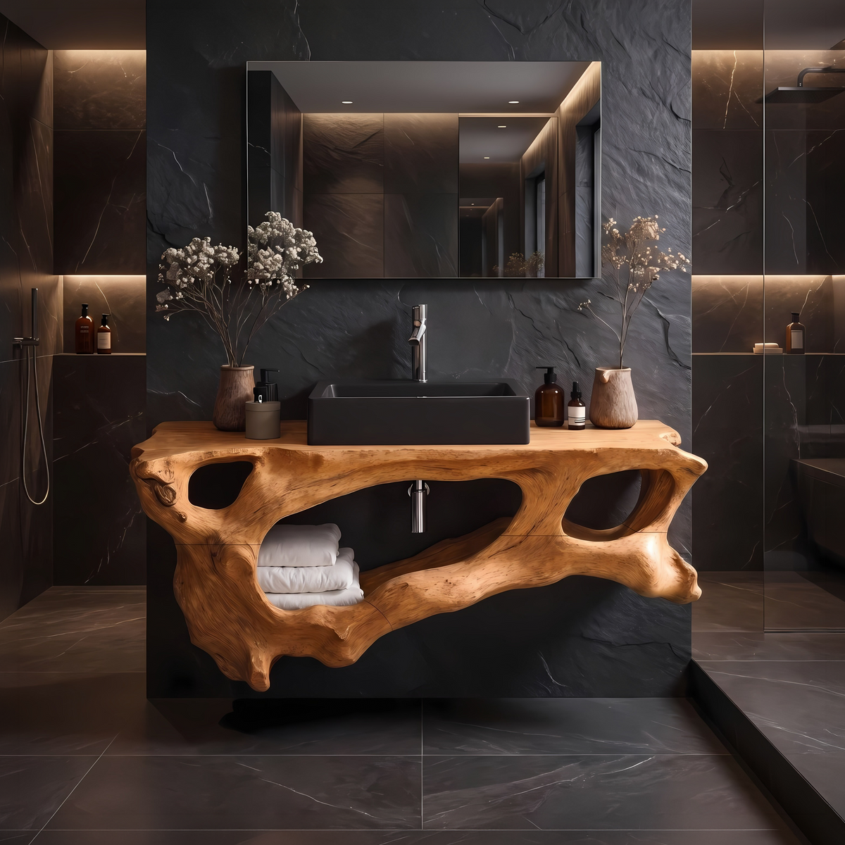 Floating Solid Wood Bathroom Vanity Shelf with Minimal Profile