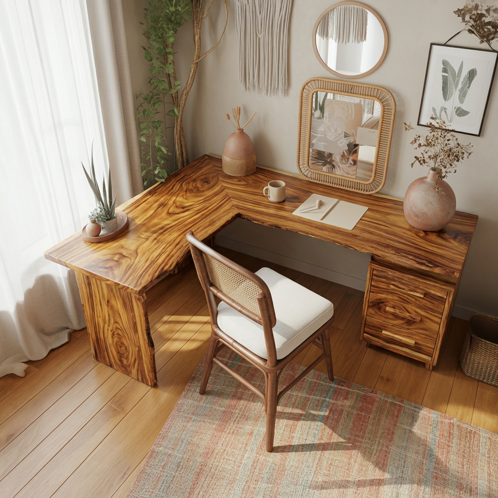 L Shaped Solid Wood Corner Desk with Drawers