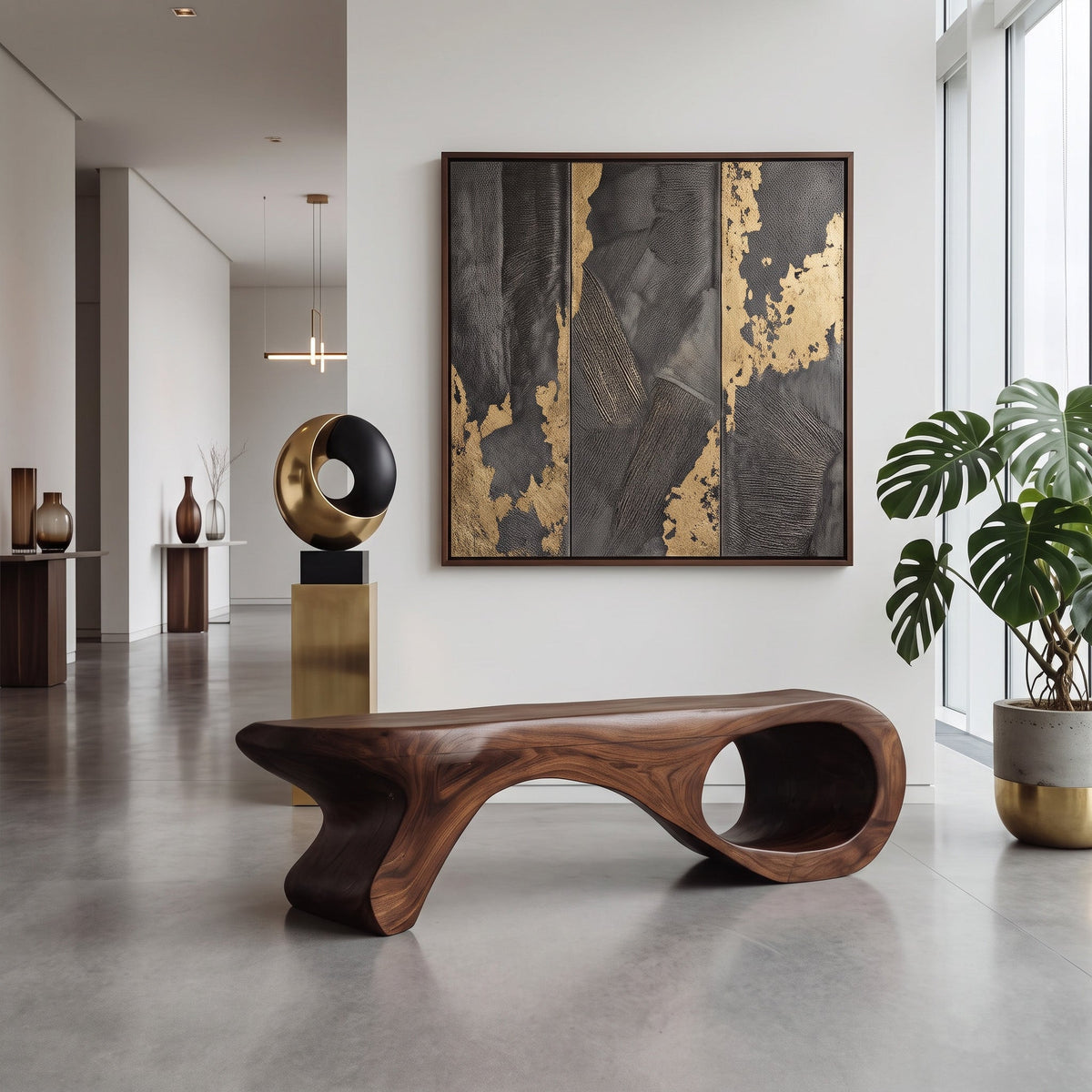 Sculptural Solid Wood Entryway Bench with Carved Curves