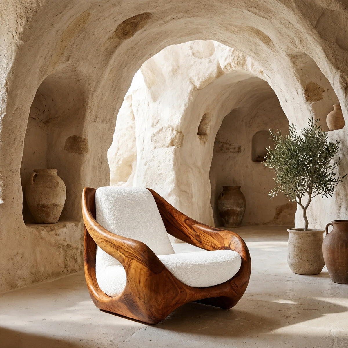 Sculptural Carved Solid Wood Accent Chair with Fluid Form