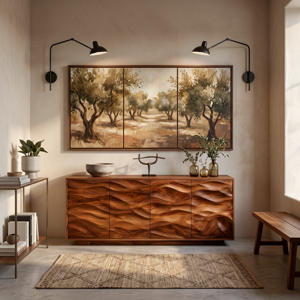 Minimalist Solid Wood Sideboard with Wave-Carved Doors