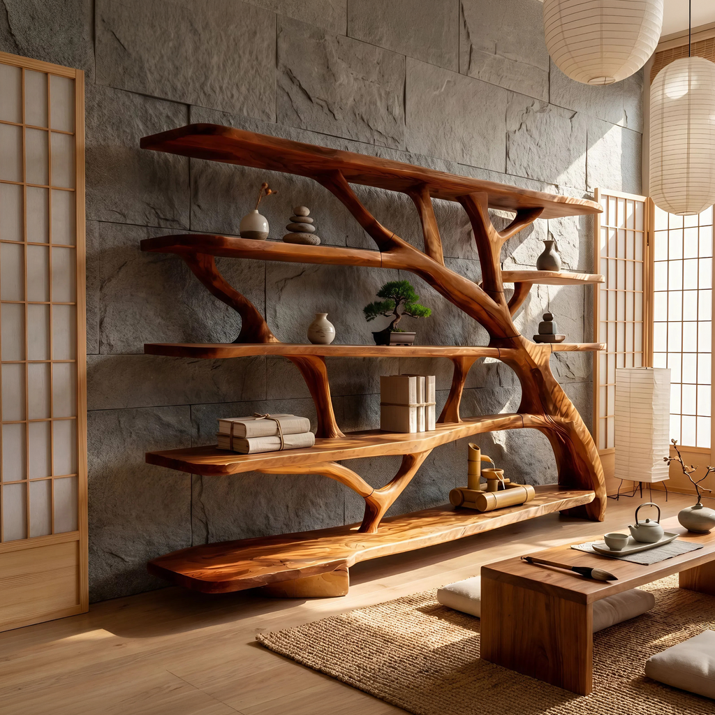 Wavy Sculptural Solid Wood Bookcase with Asymmetrical Shelves
