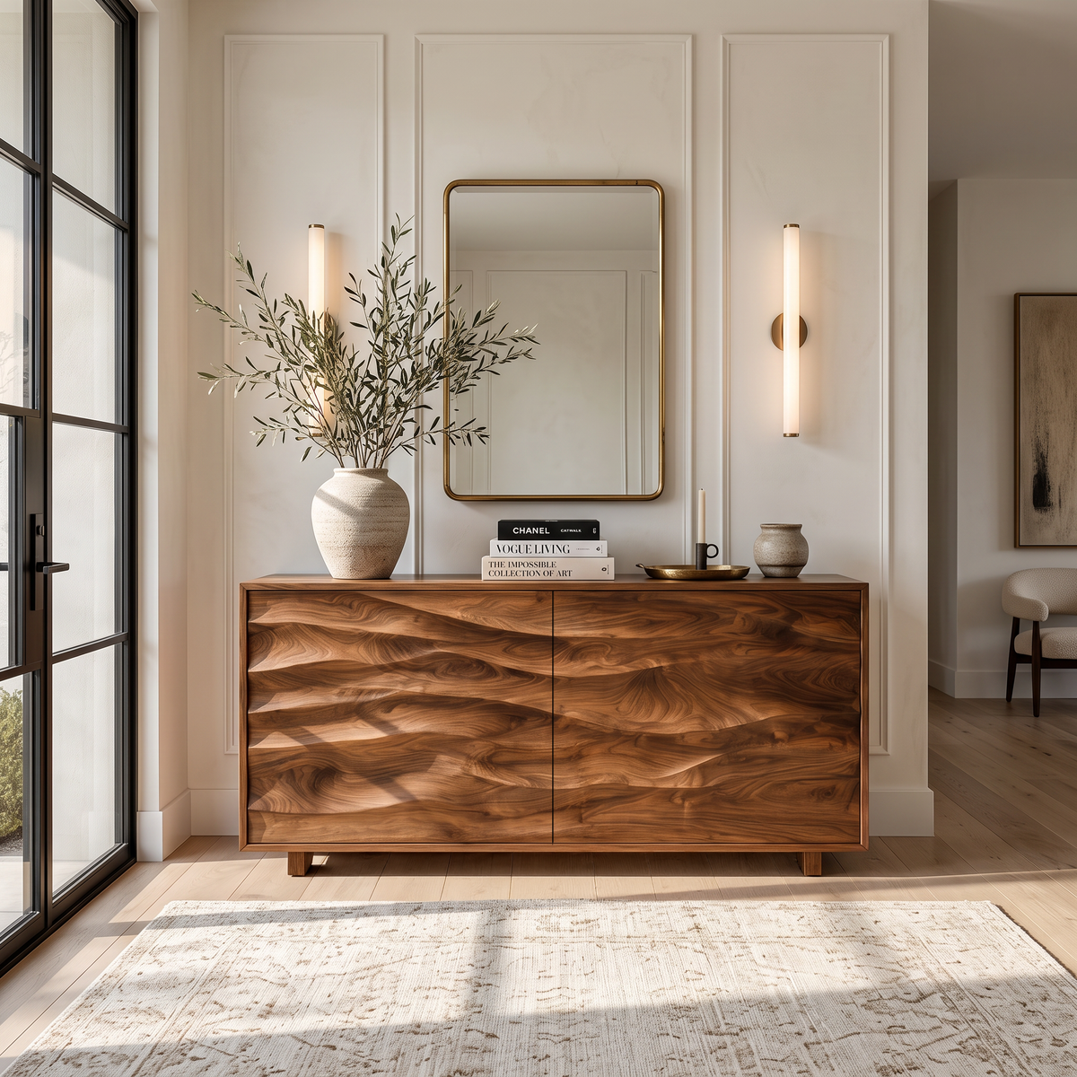 Wave Carved Solid Wood Sideboard with Sculpted Front Panels