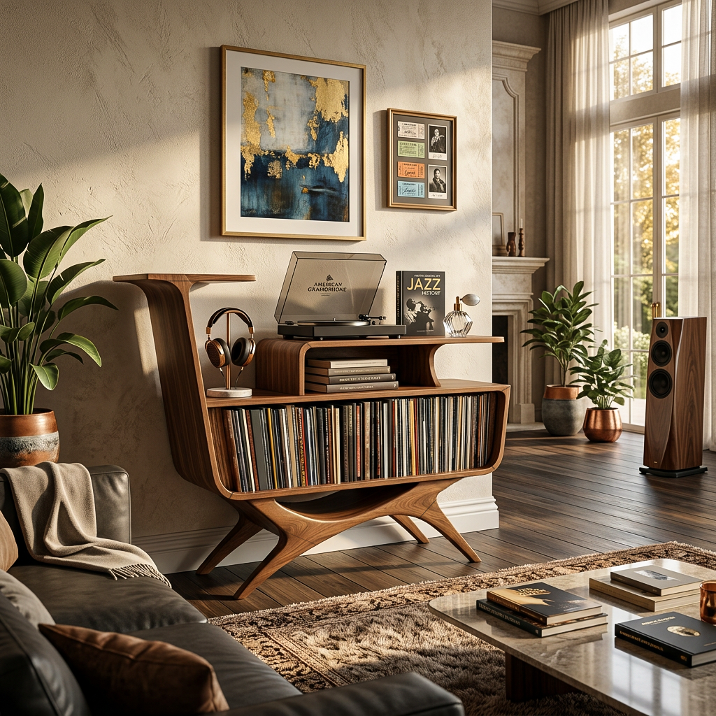 Modern Open Frame Solid Wood Record Player Stand with Vinyl Storage