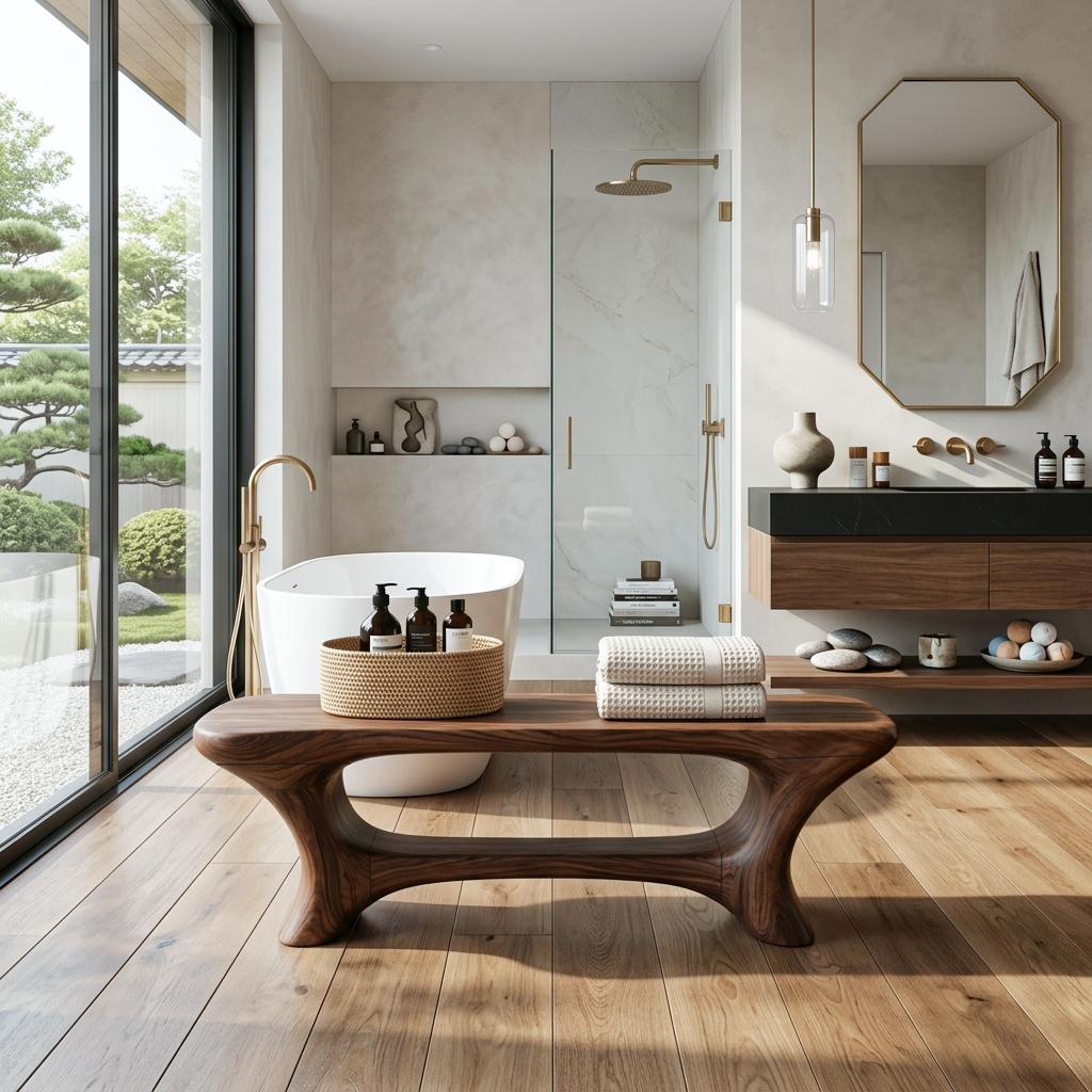 Sculpted Solid Wood Bathroom Bench with Center Shelf