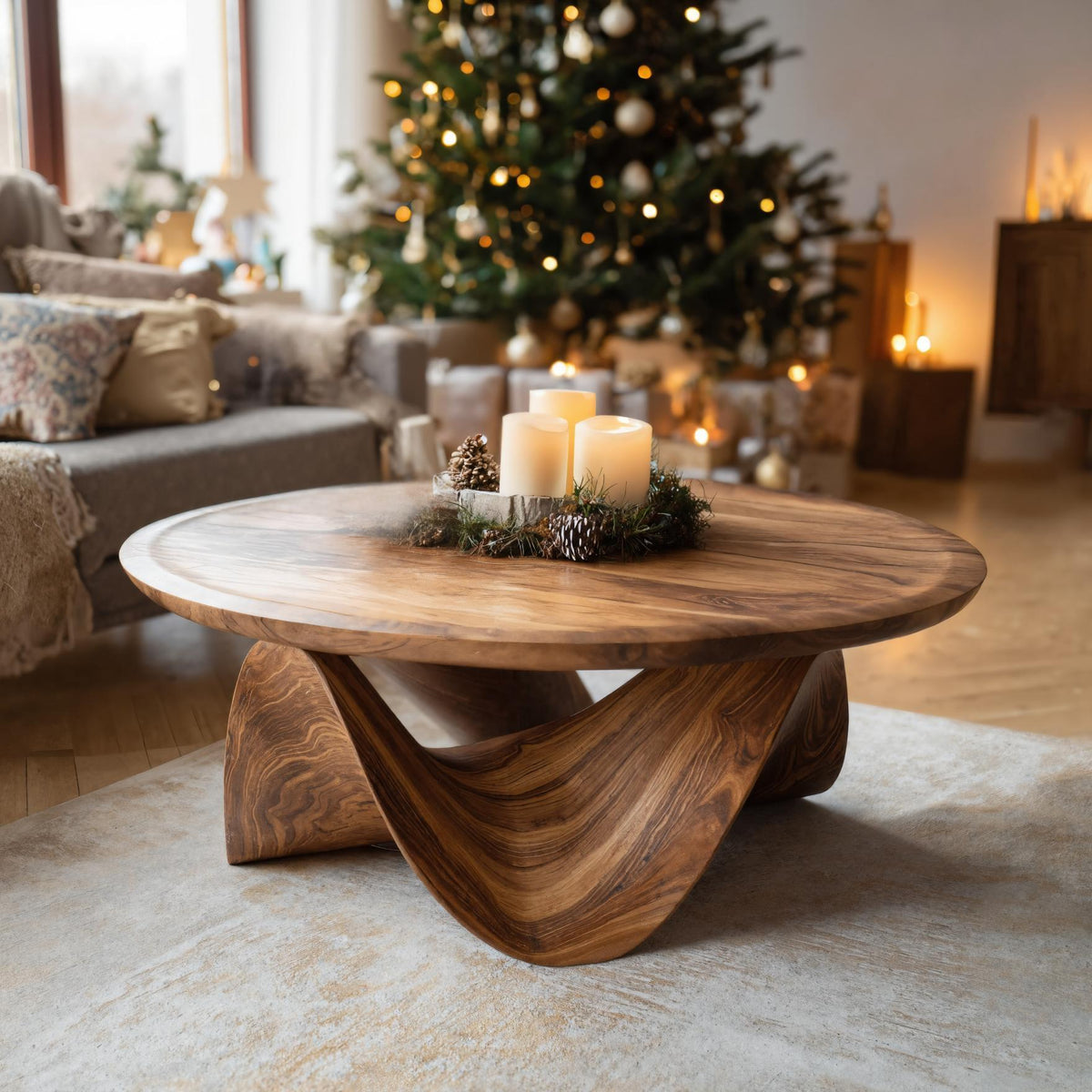 Round Solid Wood Coffee Table with Flowing Sculptural Base
