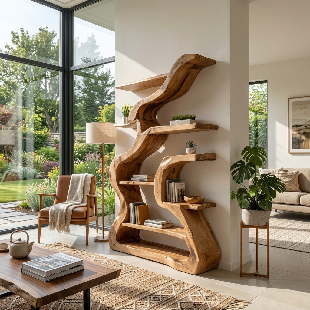 Organic Freestanding Solid Wood Bookshelf with Fluid Curves