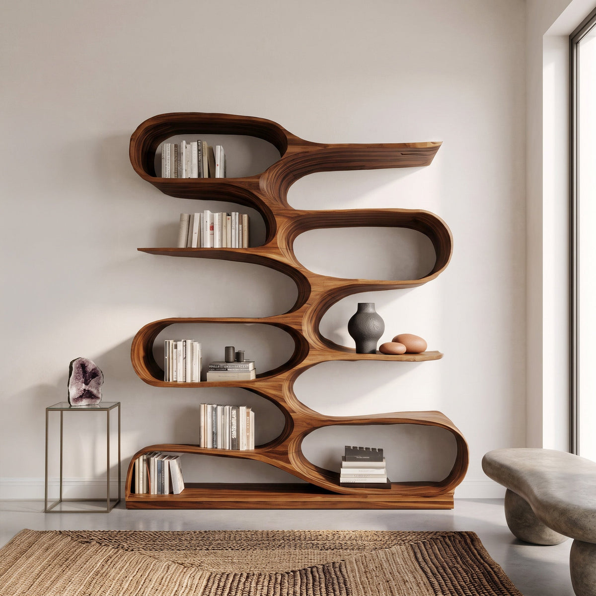Organic Solid Wood Bookshelf with Wave-Shaped Curved Tiers