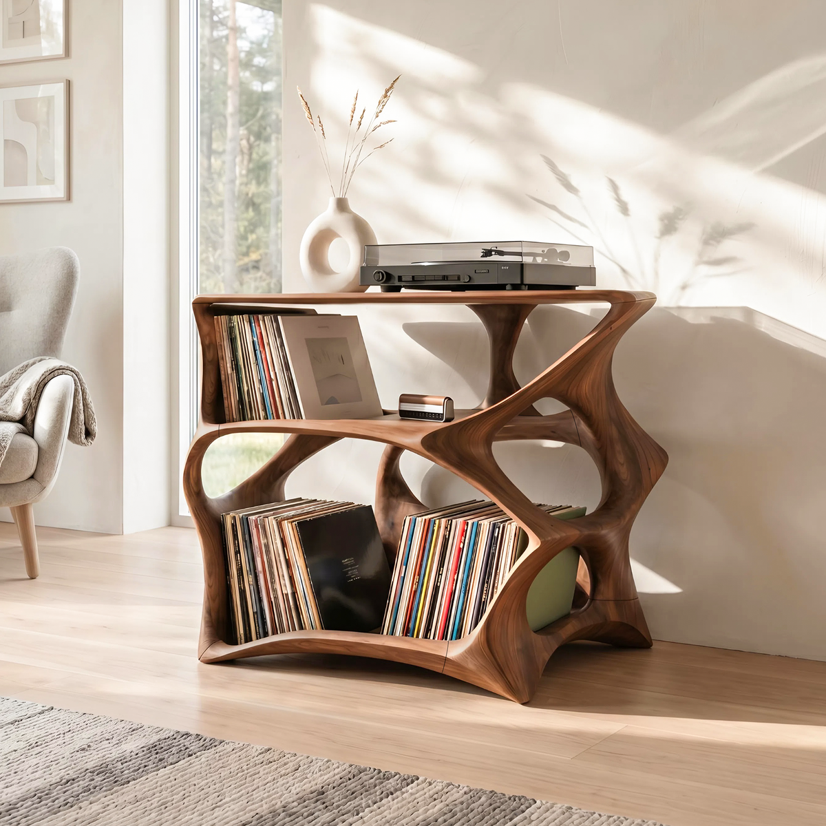 Farmhouse Natural Wood Record Stand for Cozy Living Rooms