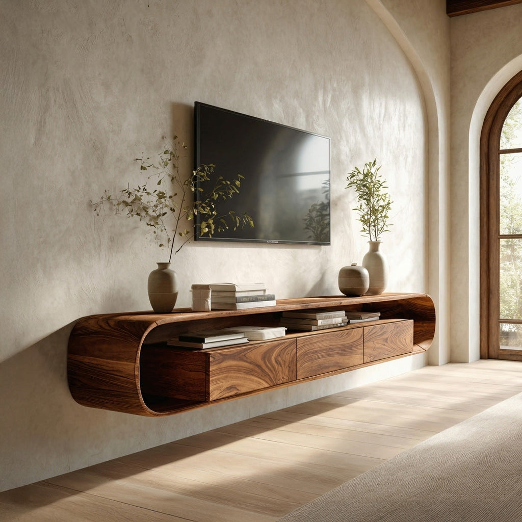Organic Modern Floating Solid Wood TV Console with Drawers