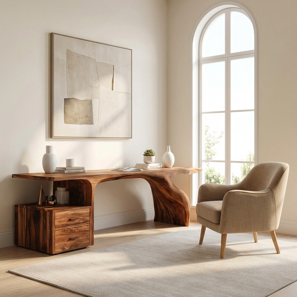 Live Edge Solid Wood Waterfall Desk with Matching Drawer Unit