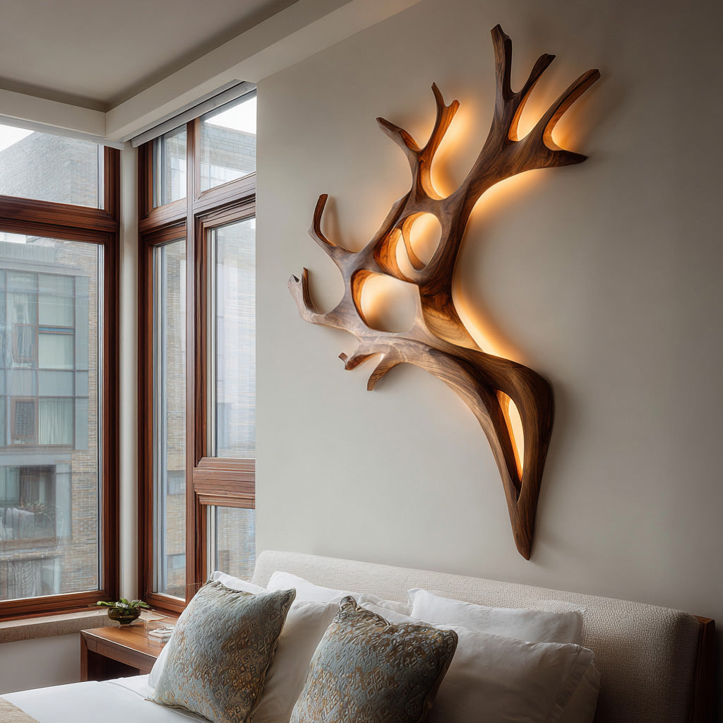 Sculptural Solid Wood Branch Wall Light with Warm Backlighting