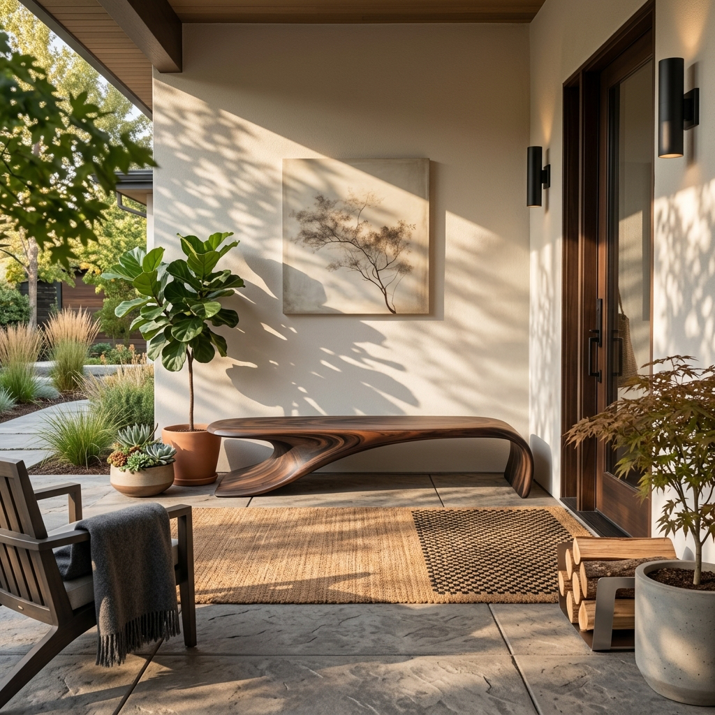 Modern Sculptural Solid Wood Bench with Flowing Curved Base