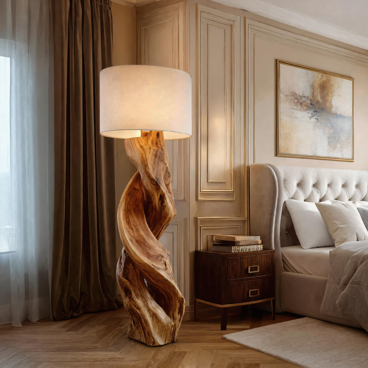 Rustic Floor Lamp with Hand-Shaped Twisted Wood Base