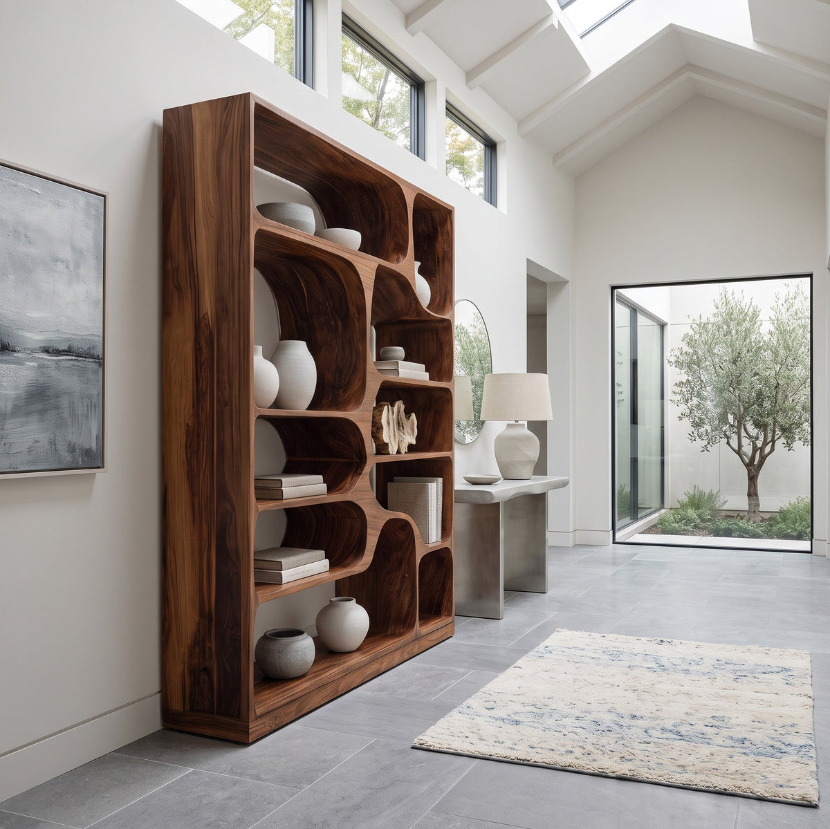 Sculptural Solid Wood Bookcase with Curved Asymmetric Compartments