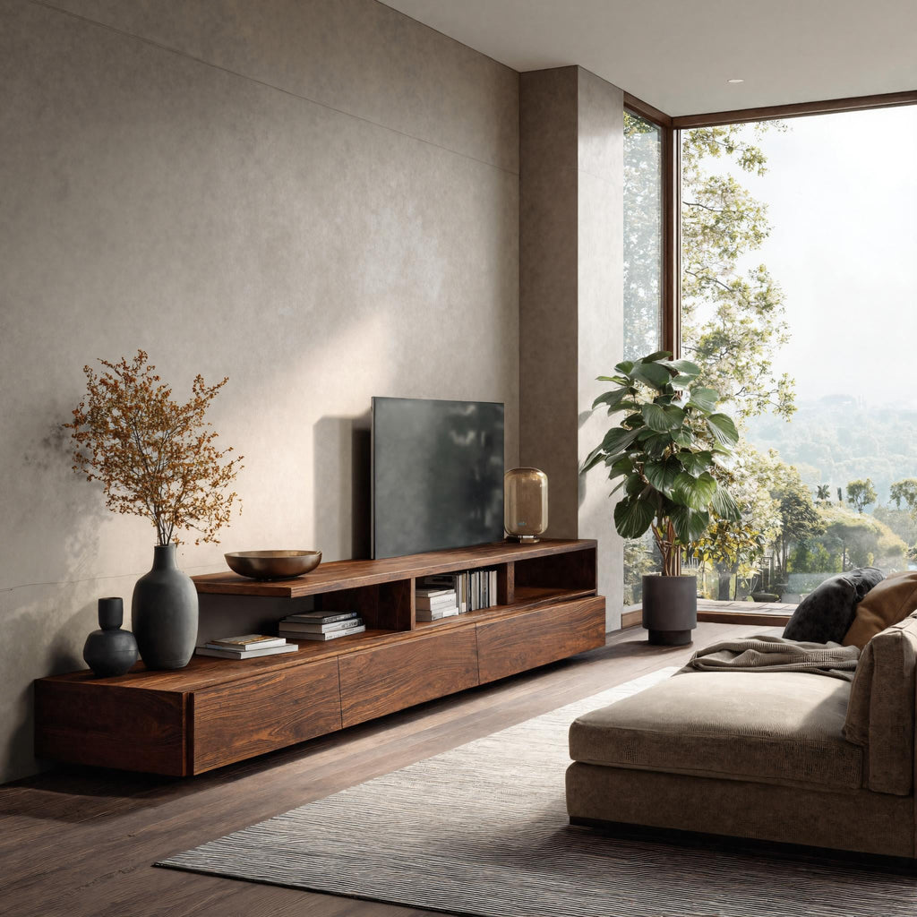 Low Solid Wood TV Console with Open Shelves and Cabinets