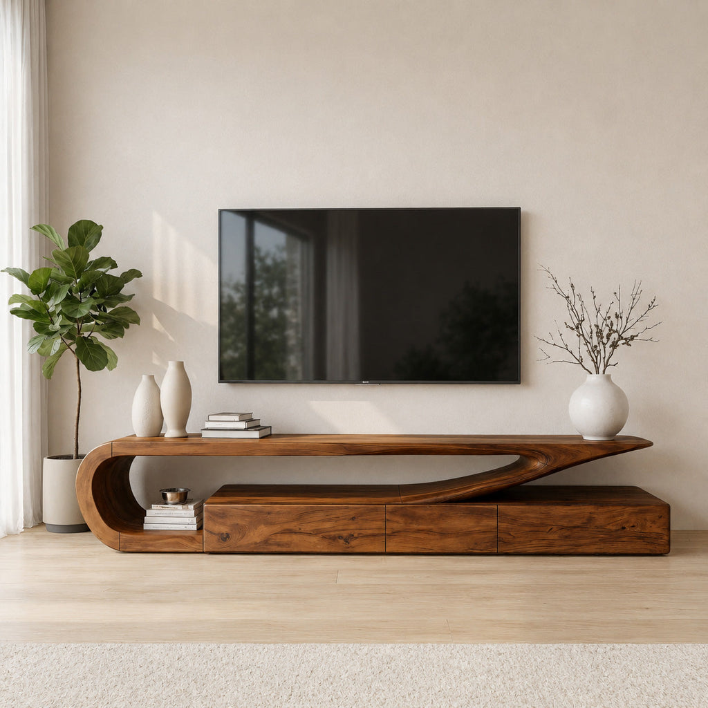 Minimalist Solid Wood TV Console with Drawers and Curved Frame