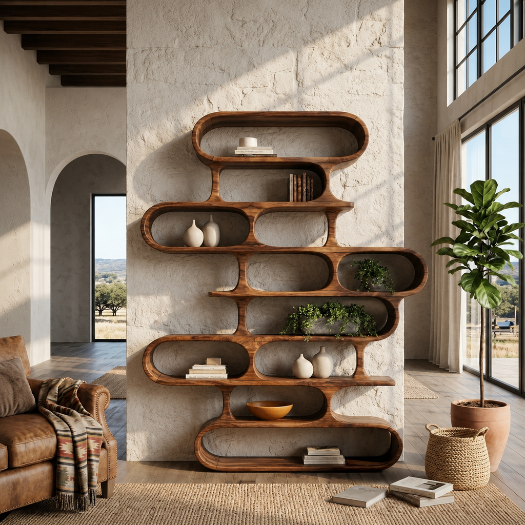 Curved Organic Solid Wood Bookshelf for Living Room or Office
