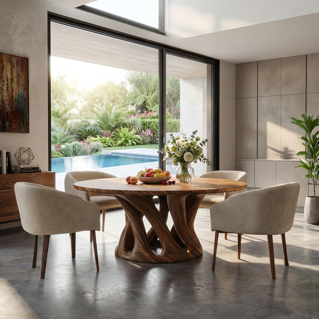 Solid Wood Round Dining Table with Intertwined Sculptural Pedestal