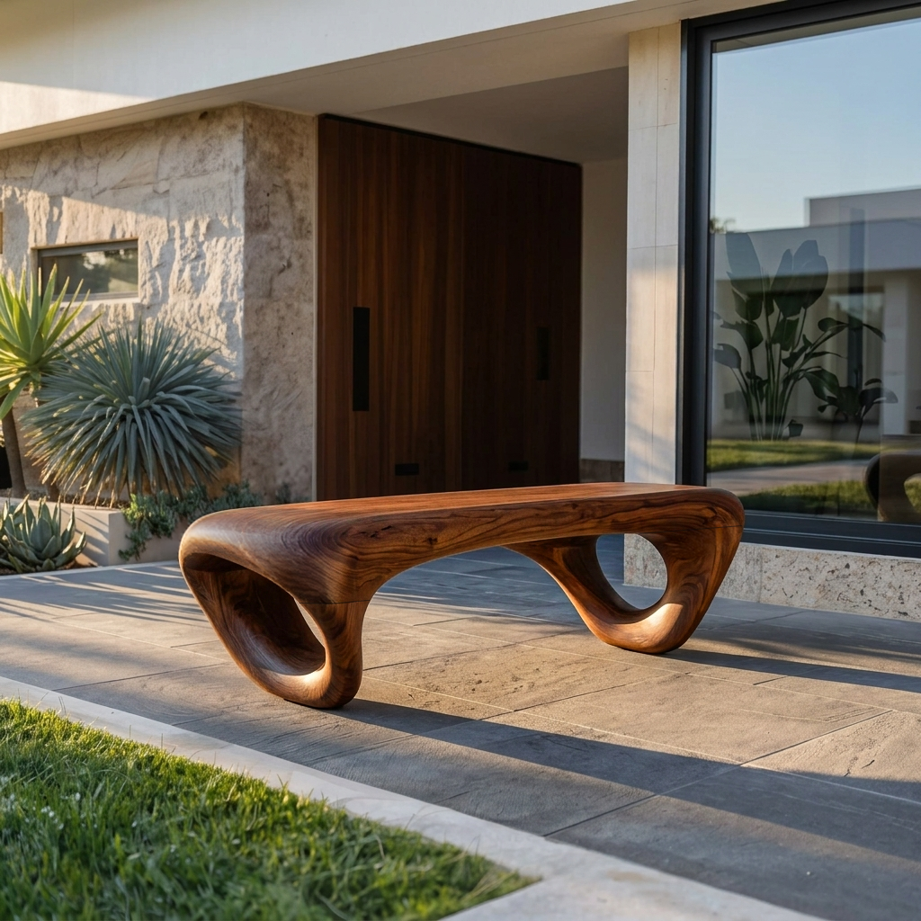 Solid Wood Sculptural Outdoor Bench with Hollow Curved Form