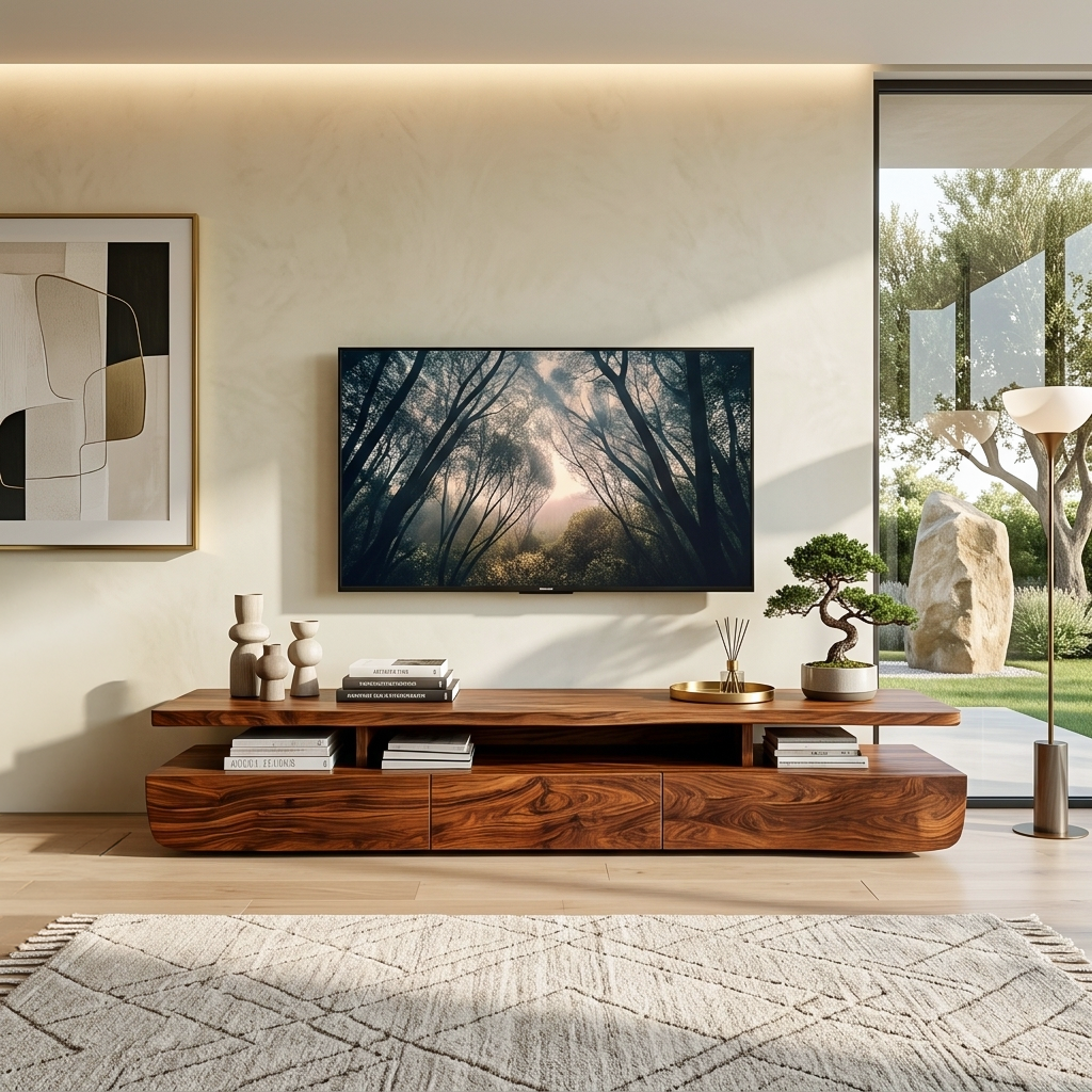 Contemporary Solid Wood TV Cabinet with Storage Drawers and Open Shelf