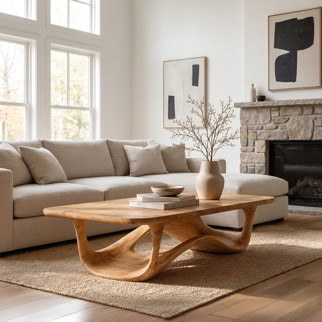 Sculptural Solid Wood Coffee Table with Curved Open Base