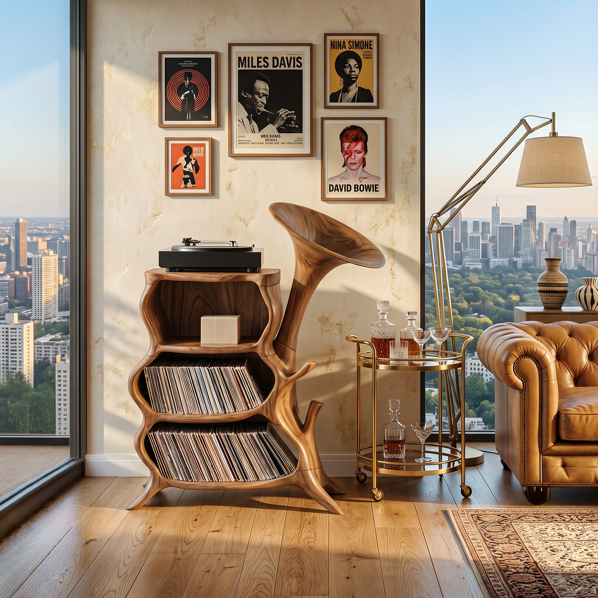 Hardwood Record Player Stand with Minimalist Cube Profile