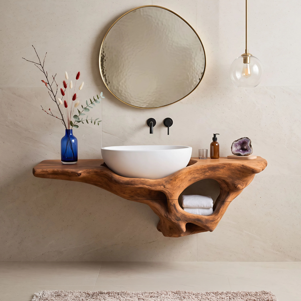 Mid-Century Live Edge Solid Wood Bathroom Vanity Shelf