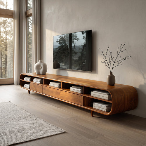 Mid-Century Solid Wood TV Cabinet with Drawers and Open Shelves