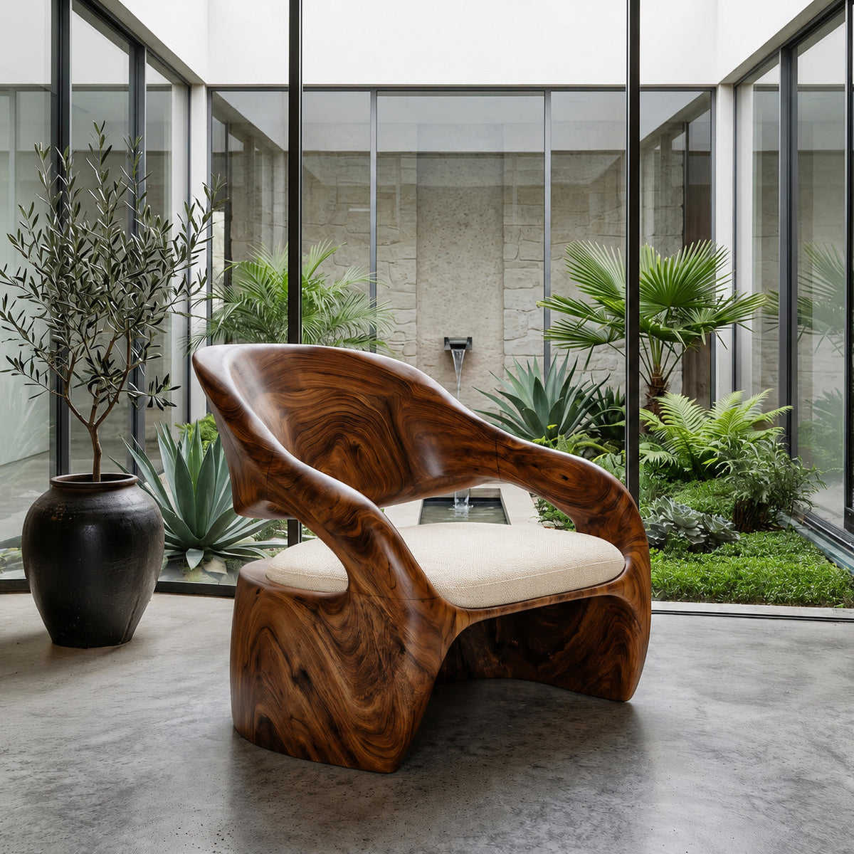 Organic Sculptural Solid Wood Lounge Chair with Wide Seat