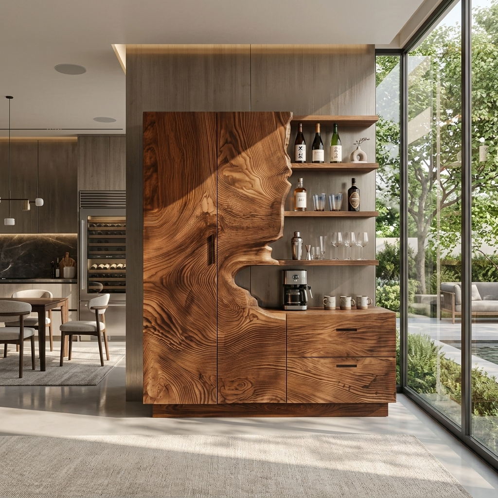 Carved Solid Wood Bar Cabinet with Wine Storage