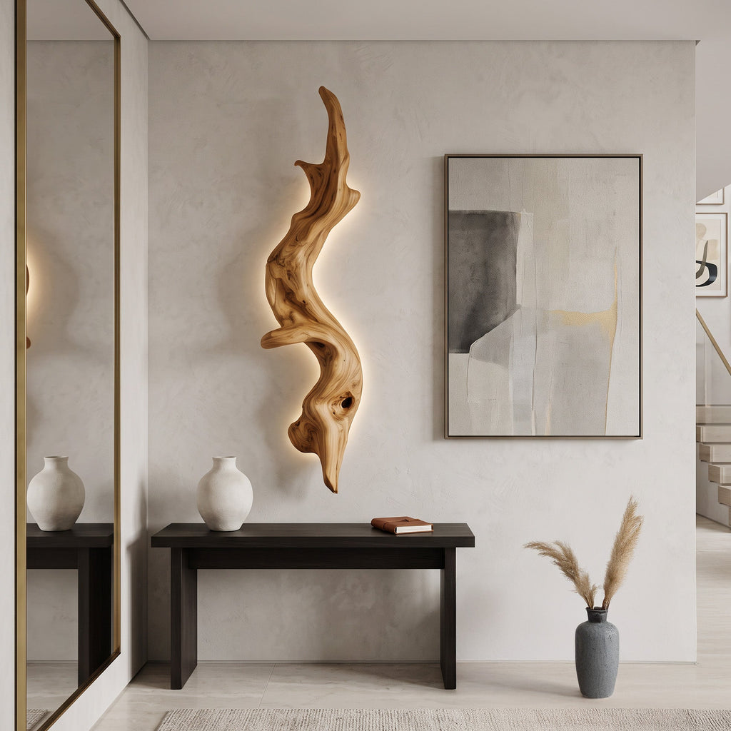 Rustic Organic Solid Wood Wall Lamp Sculpture with Ambient Glow
