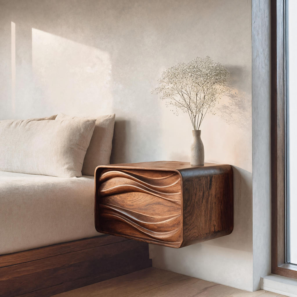 Floating Wall Mounted Nightstand with Carved Wave Drawer