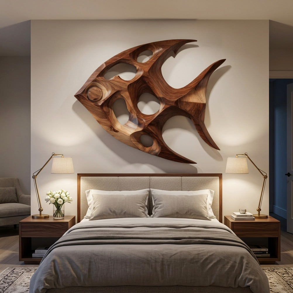 Fish Inspired Sculptural Solid Wood Wall Art with Open Voids