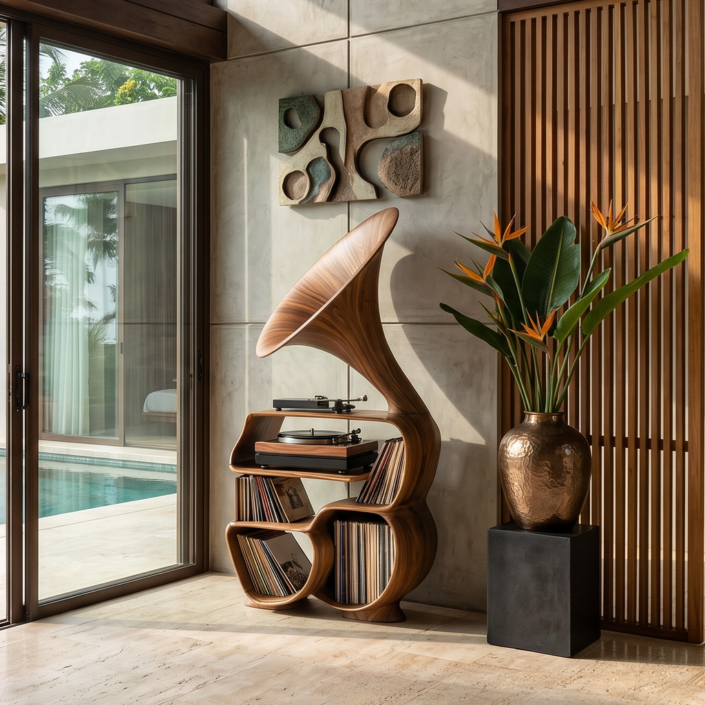 Tall Mid-Century Solid Wood Record Player Stand with Cube Profile