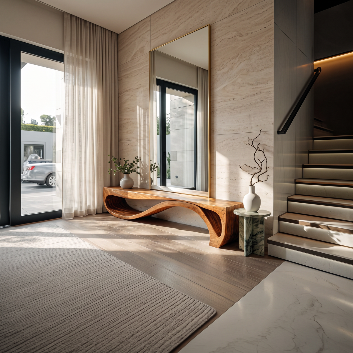 Sculptural Solid Wood Bench with Wave Base for Entryway