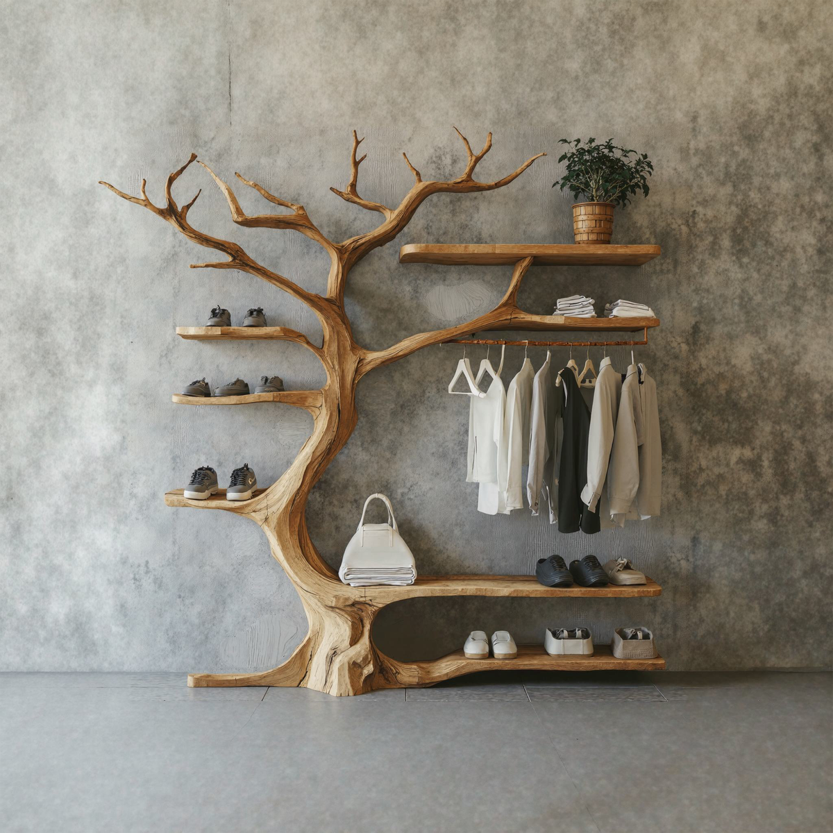 Rustic Tree Branch Coat Rack and Shoe Stand in Natural Wood