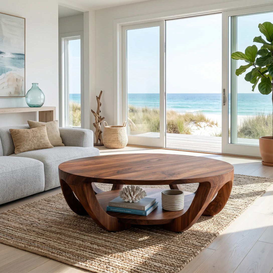 Round Solid Wood Coffee Table with Open Shelf Base