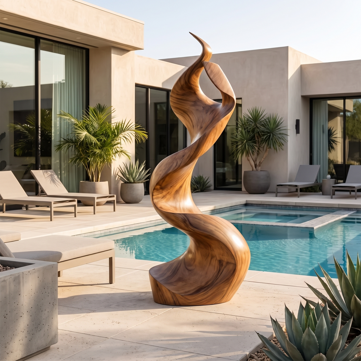 Large Solid Wood Abstract Sculpture with Flame-Inspired Curves